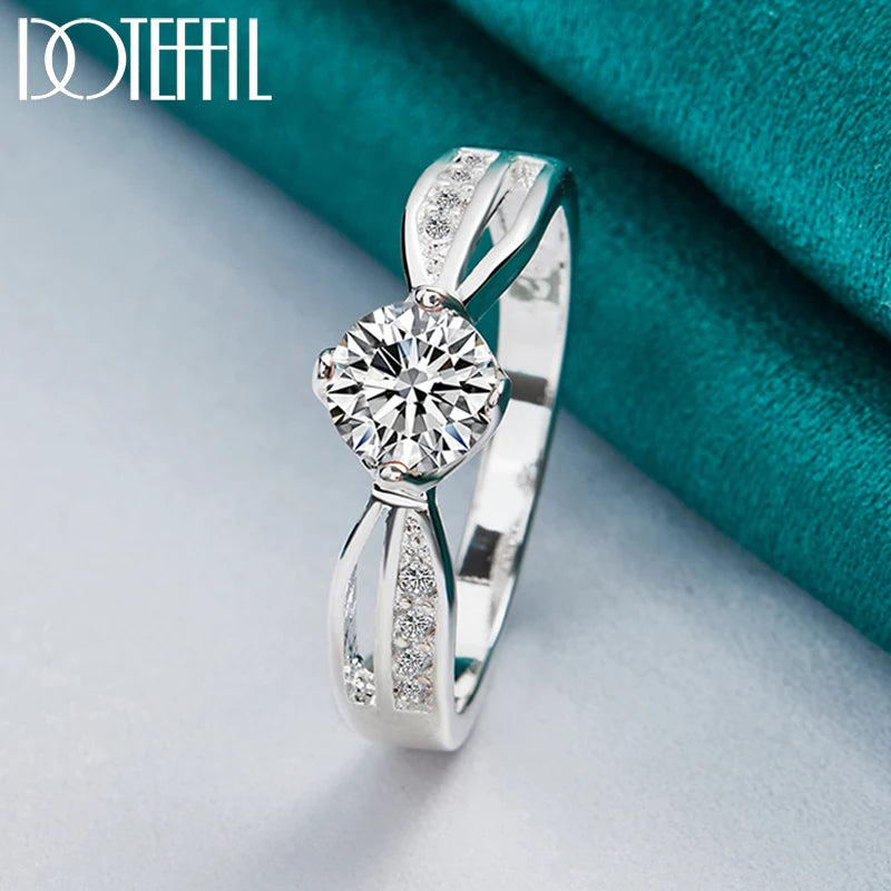 DOTEFFIL 925 Sterling Silver Full AAA Zircon Round Ring For Woman Fashion Wedding Engagement Party Charm Jewelry