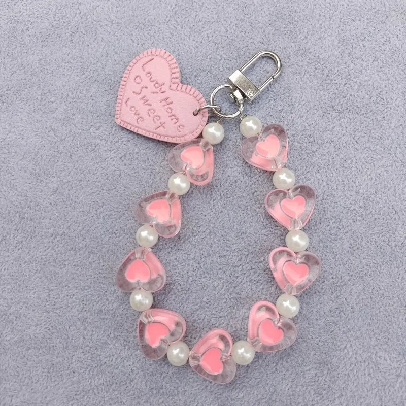 Phone Chain for Women Lovely Heart Telephone Lanyard Beads Cellphone Wrist Strap Mobile Phone Bracelet Jewelry Accessories