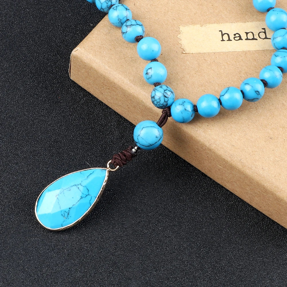 Bohemian Blue Pine Stone Beaded Necklace Handmade Knotted Charm Matching Drop Pendant Necklaces Bangles Women Men Jewelry Gifts