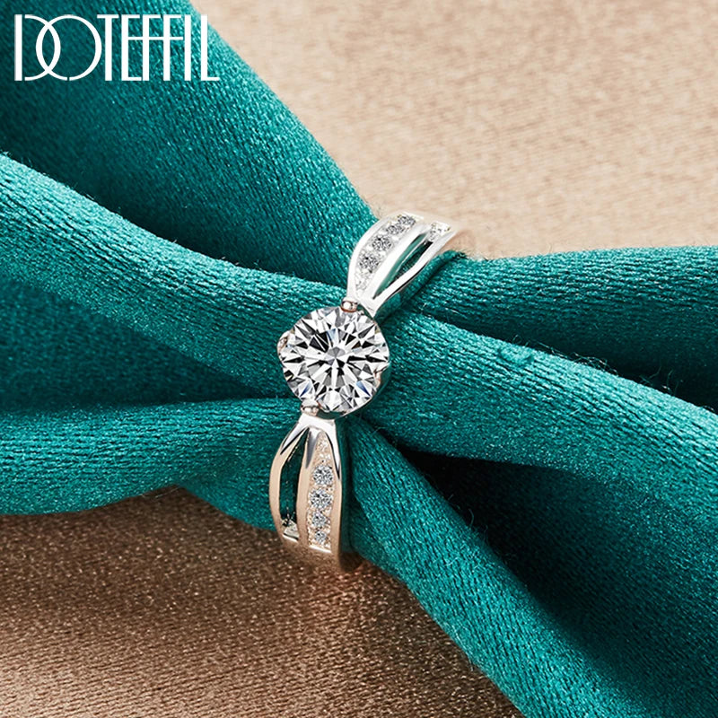 DOTEFFIL 925 Sterling Silver Full AAA Zircon Round Ring For Woman Fashion Wedding Engagement Party Charm Jewelry