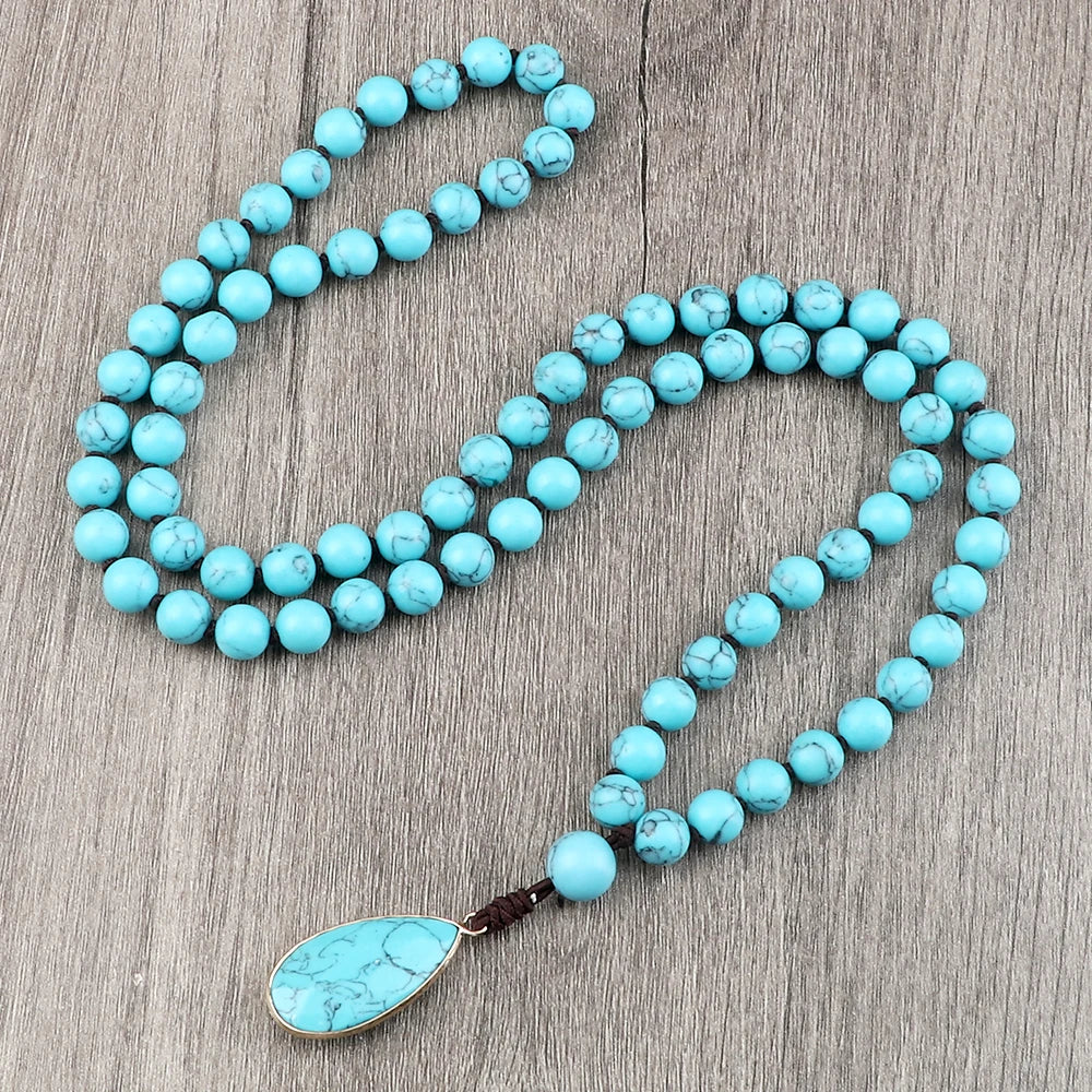 Bohemian Blue Pine Stone Beaded Necklace Handmade Knotted Charm Matching Drop Pendant Necklaces Bangles Women Men Jewelry Gifts