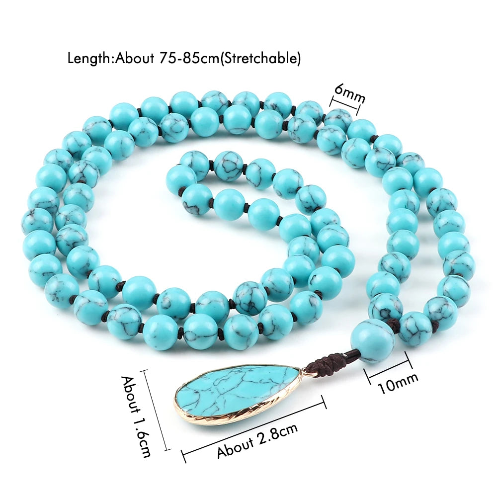Bohemian Blue Pine Stone Beaded Necklace Handmade Knotted Charm Matching Drop Pendant Necklaces Bangles Women Men Jewelry Gifts