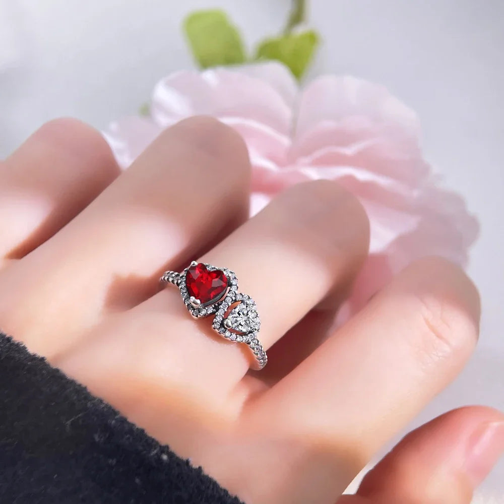 925 Sterling Silver Valentine's Day Confession Red Halo Hearts Rings Women Jewelry Anniversary Fashion Fine Love Gift For Women