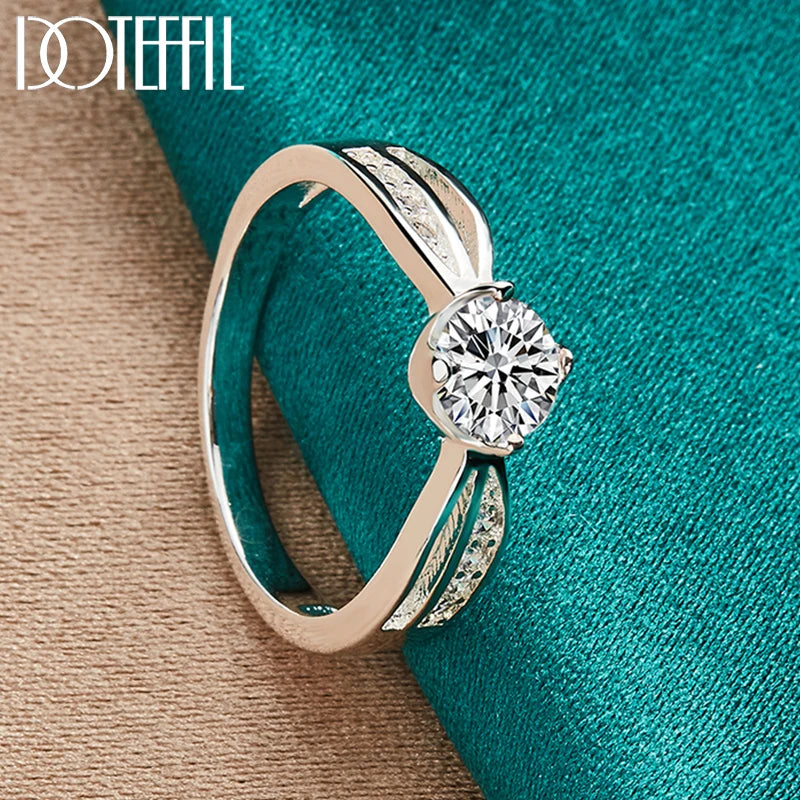 DOTEFFIL 925 Sterling Silver Full AAA Zircon Round Ring For Woman Fashion Wedding Engagement Party Charm Jewelry