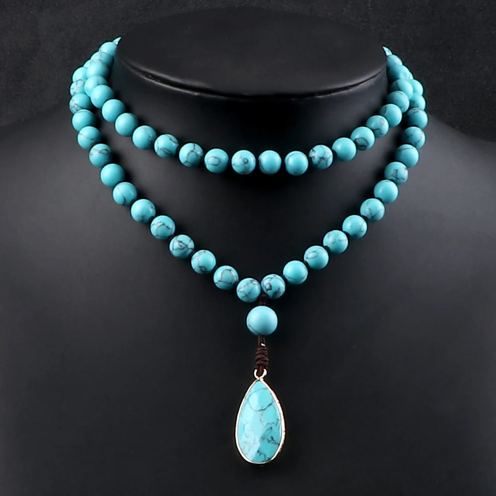 Bohemian Blue Pine Stone Beaded Necklace Handmade Knotted Charm Matching Drop Pendant Necklaces Bangles Women Men Jewelry Gifts