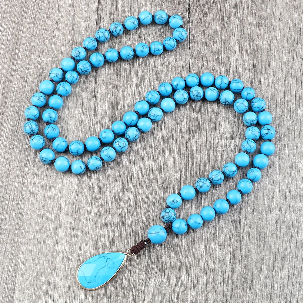 Bohemian Blue Pine Stone Beaded Necklace Handmade Knotted Charm Matching Drop Pendant Necklaces Bangles Women Men Jewelry Gifts