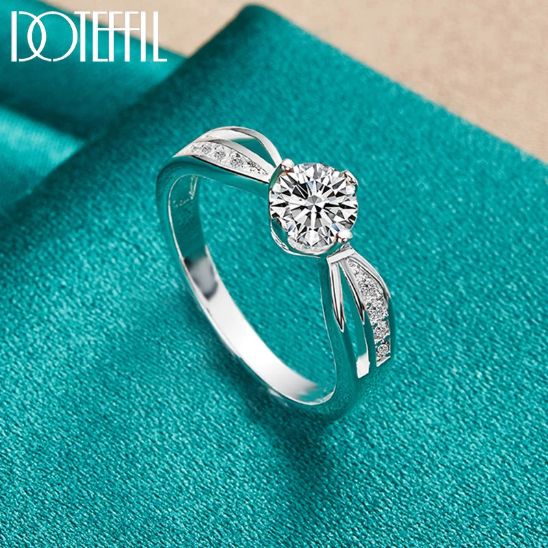 DOTEFFIL 925 Sterling Silver Full AAA Zircon Round Ring For Woman Fashion Wedding Engagement Party Charm Jewelry