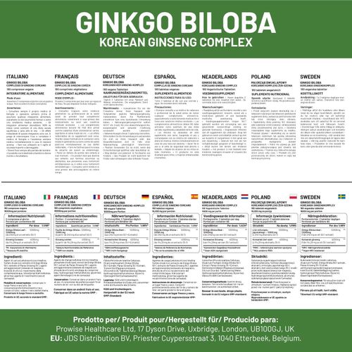 Ginkgo Biloba and Korean Ginseng Tablets 16000mg 180 Vegan Tablets by Prowise