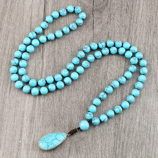 Bohemian Blue Pine Stone Beaded Necklace Handmade Knotted Charm Matching Drop Pendant Necklaces Bangles Women Men Jewelry Gifts