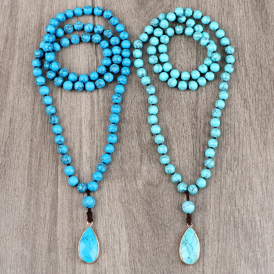Bohemian Blue Pine Stone Beaded Necklace Handmade Knotted Charm Matching Drop Pendant Necklaces Bangles Women Men Jewelry Gifts