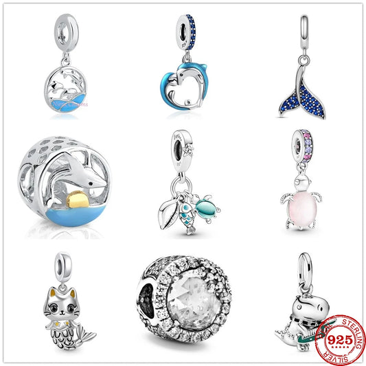 Summer Whale Tail Starfish Dolphin Cat Mermaid Silver 925 Charm Bead Fit Original Pendant Bracelets DIY Ocean Series Jewelry