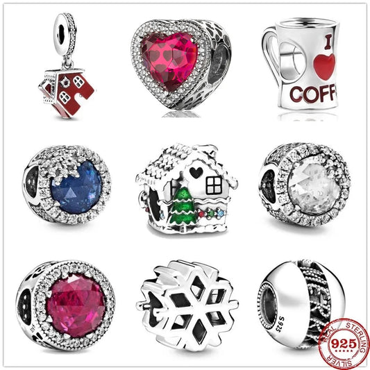 New 925 Sterling Silver Christmas charm wine coffee snowflake house bead fit original Pendant bracelet DIY women jewelry Gifts