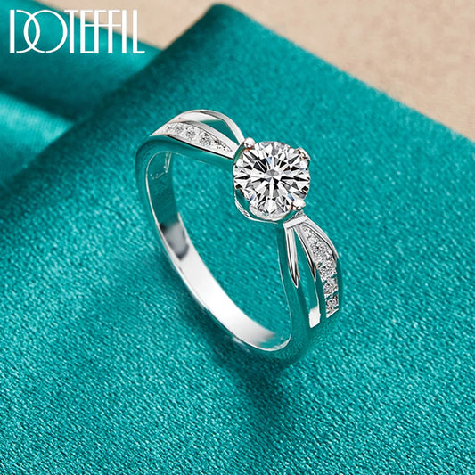 DOTEFFIL 925 Sterling Silver Full  AAA Zircon Round Ring For Woman Fashion Wedding Engagement Party Charm Jewelry