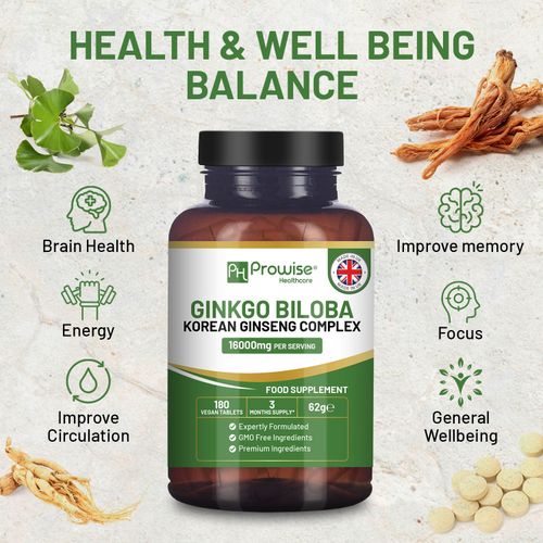 Ginkgo Biloba and Korean Ginseng Tablets 16000mg 180 Vegan Tablets by Prowise